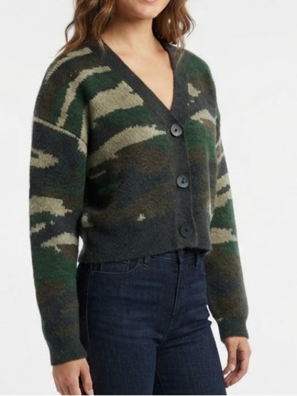 LNA Clothing Green Camo Cropped Button-Up Wool Cardigan Sweater Size S